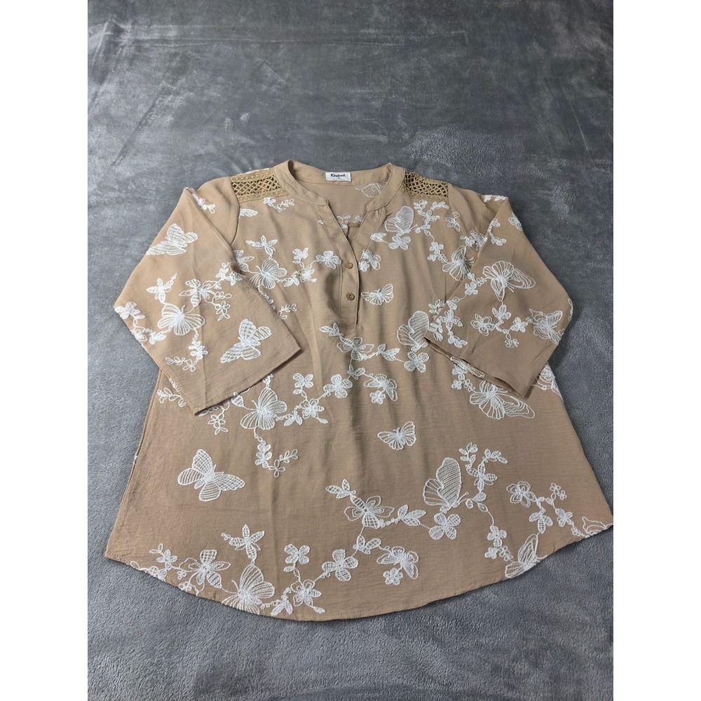 Kindred Tan Embroidered Butterfly Floral Tunic Top Crochet Shoulder Boho NWT 2XL - Picture 4 of 8